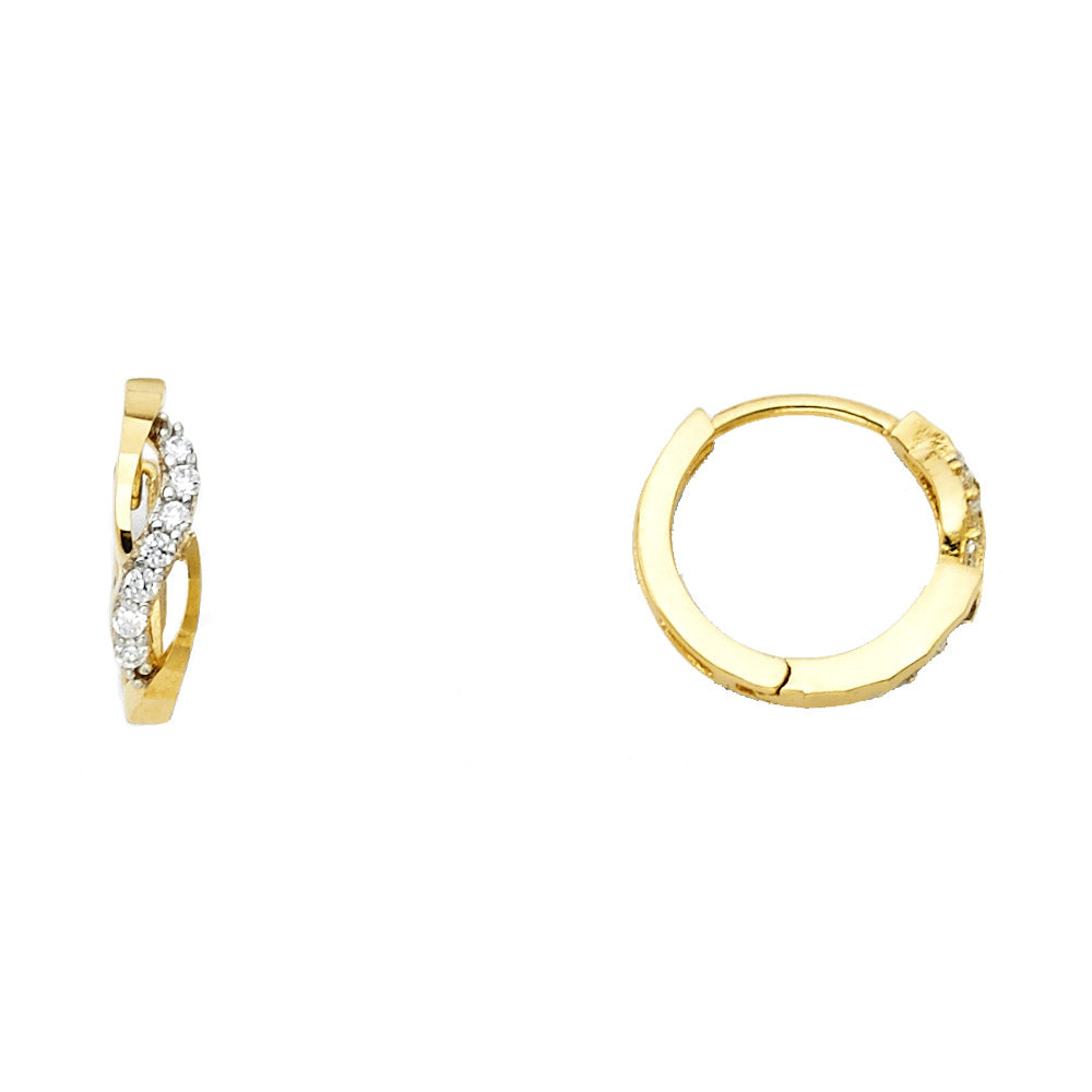 14K Yellow Gold Twisted Crossover Hoop CZ Earrings