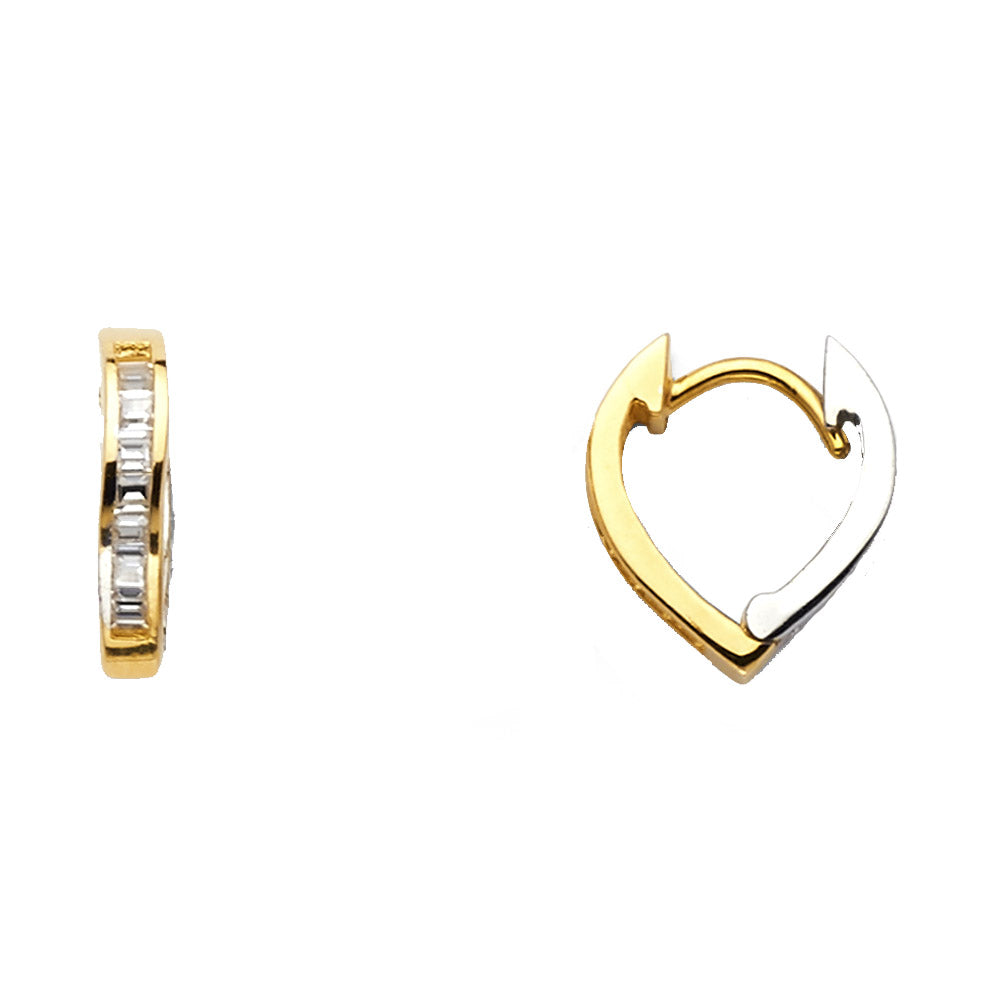 14K Two-Tone Gold Heart Hoop Baguette CZ Earrings