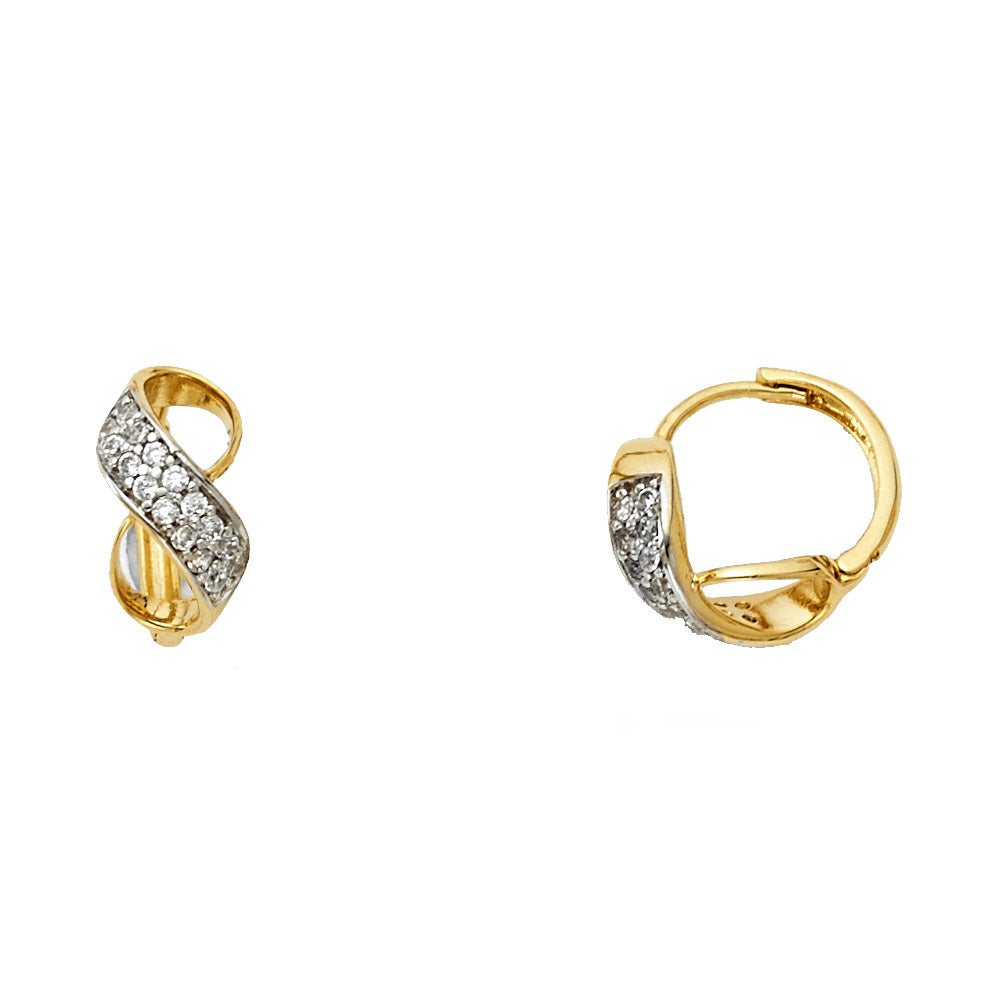 14K Two-Tone Gold Twisted Pave Hoop CZ Earrings