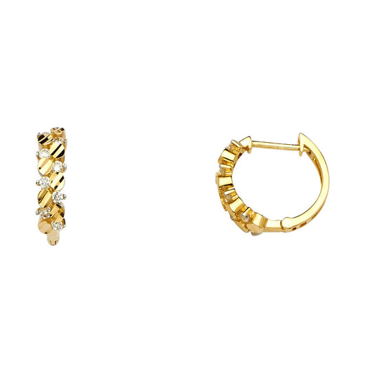 14K Yellow Gold Textured Diamond-Cut CZ Hoop Earrings