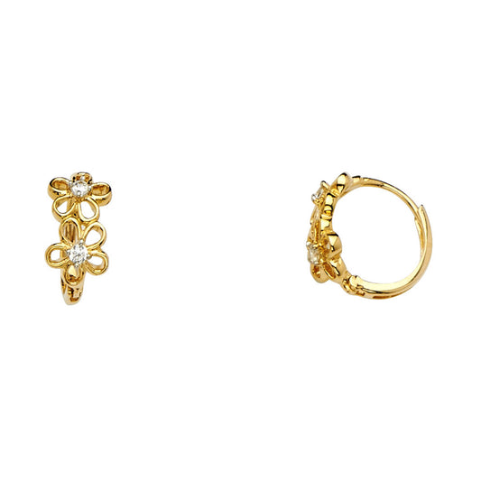 14K Yellow Gold Children’s Triple Flower CZ Huggie Earrings