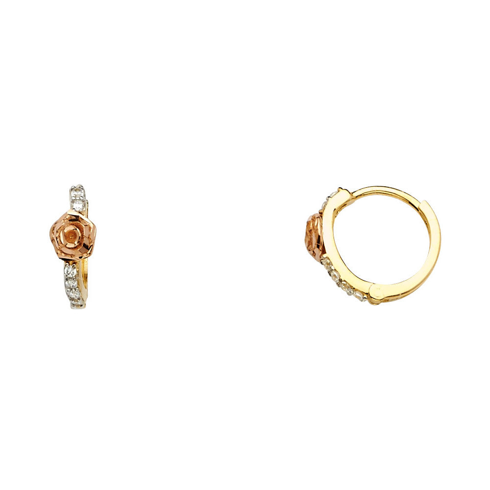 14K Two-Tone Gold Children’s Rose Design CZ Huggie Earrings