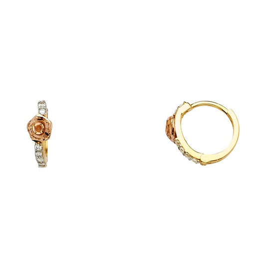 14K Two-Tone Gold Children’s Rose Design CZ Huggie Earrings