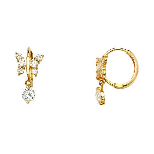 14K Yellow Gold Children’s Butterfly Design Dangle CZ Earrings