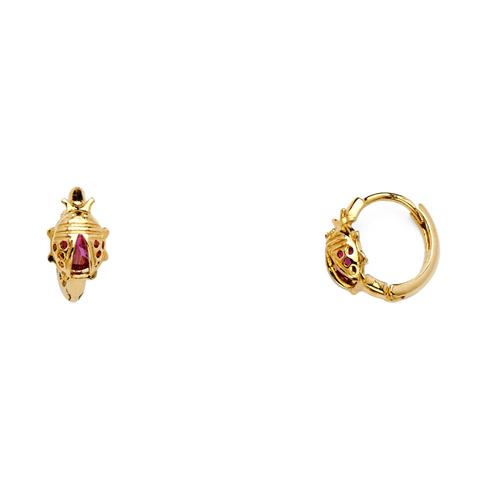 14K Yellow Gold Enamel Ladybug Hoop Earrings