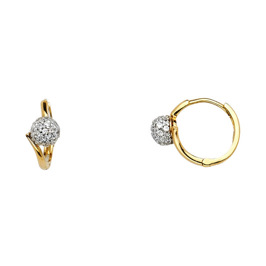 14K Two-Tone Gold CZ Pave Ball Huggie Hoop Earrings