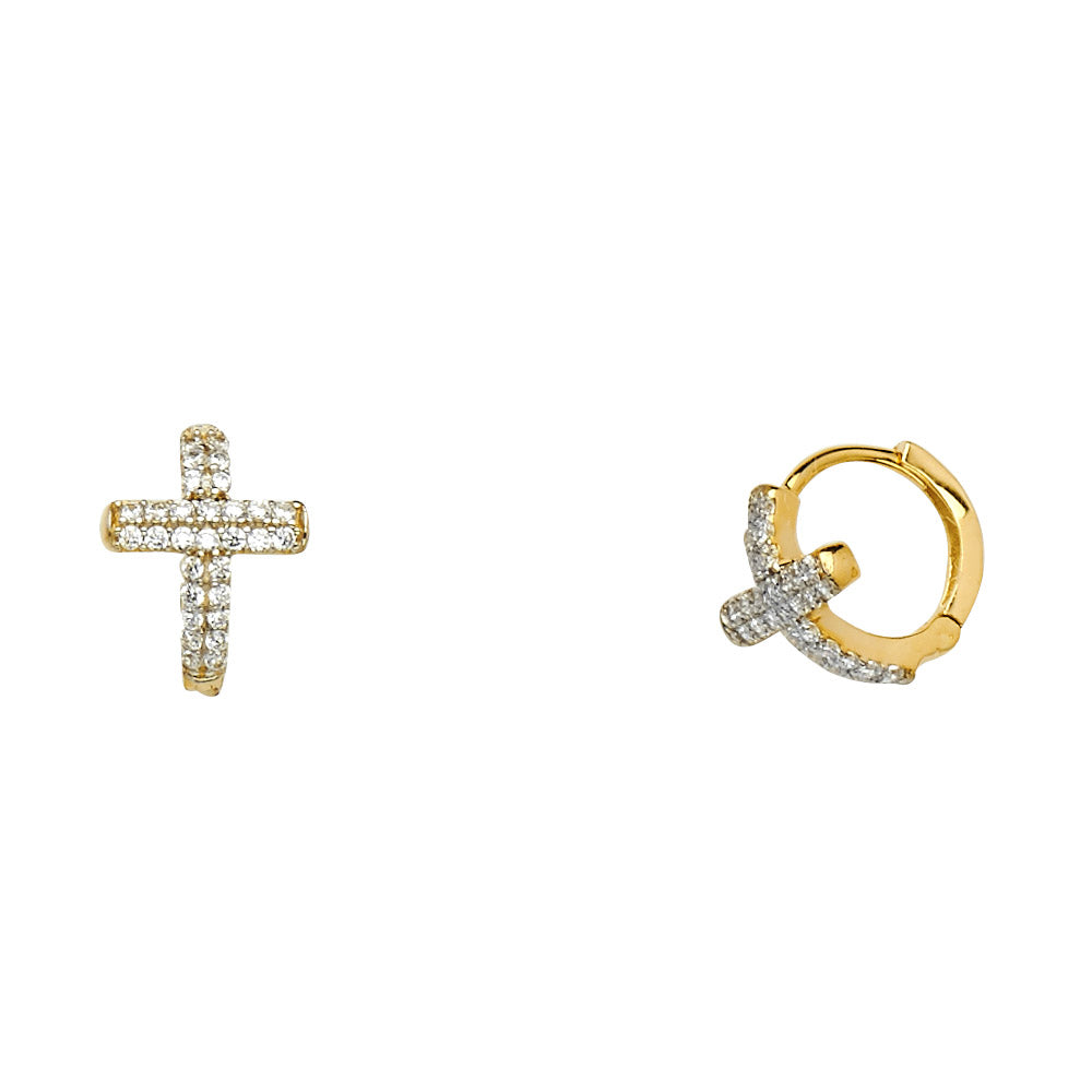 14K Two-Tone Gold CZ Cross Design Huggie Earrings