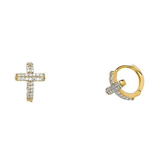 14K Two-Tone Gold CZ Cross Design Huggie Earrings