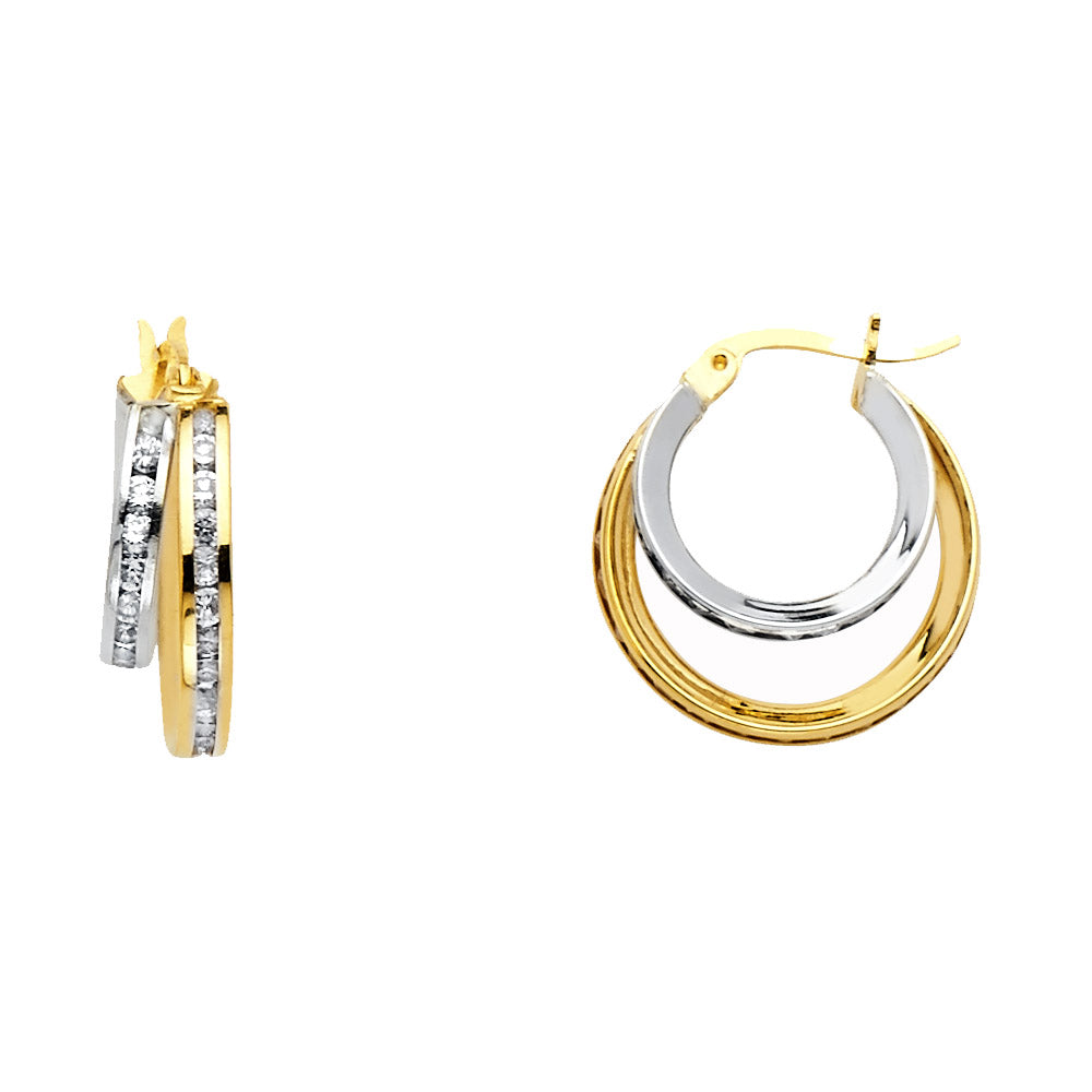 14K Two-Tone Gold Double Hoop CZ Earrings aprox 1/2" in diameter