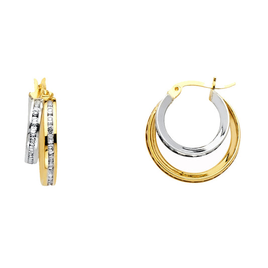 14K Two-Tone Gold Double Hoop CZ Earrings aprox 1/2" in diameter