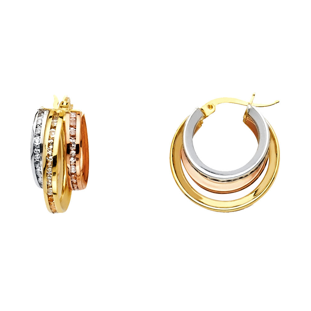 14K Tri-Color Gold Triple Hoop CZ Earrings aprox 1/2" in diameter