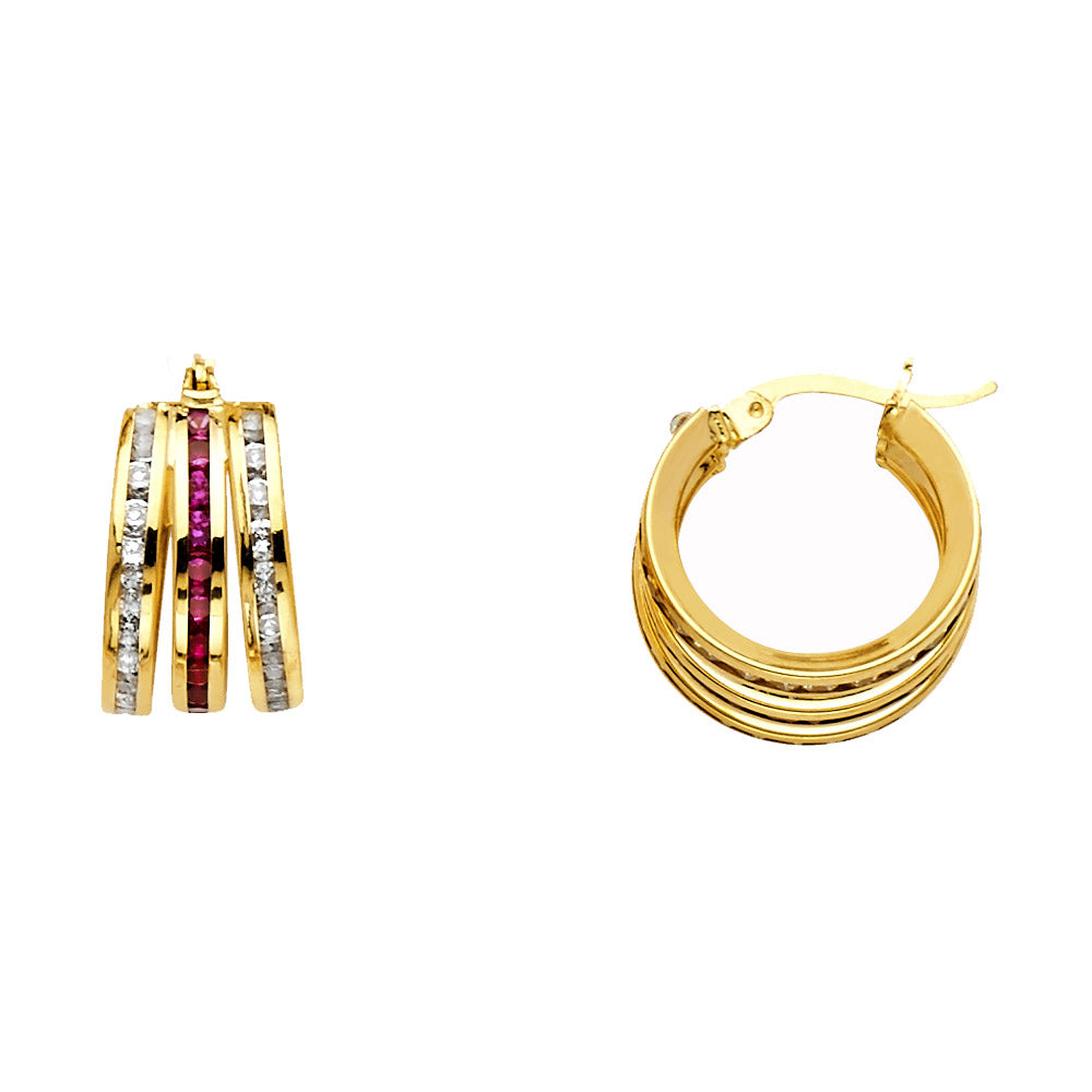 14K Yellow Gold Triple-Line Red and White CZ Hoop Earrings aprox 1/2" in deameter