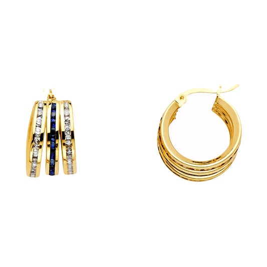 14K Yellow Gold Triple-Line Blue and White CZ Hoop Earrings aprox 1/2" in deameter