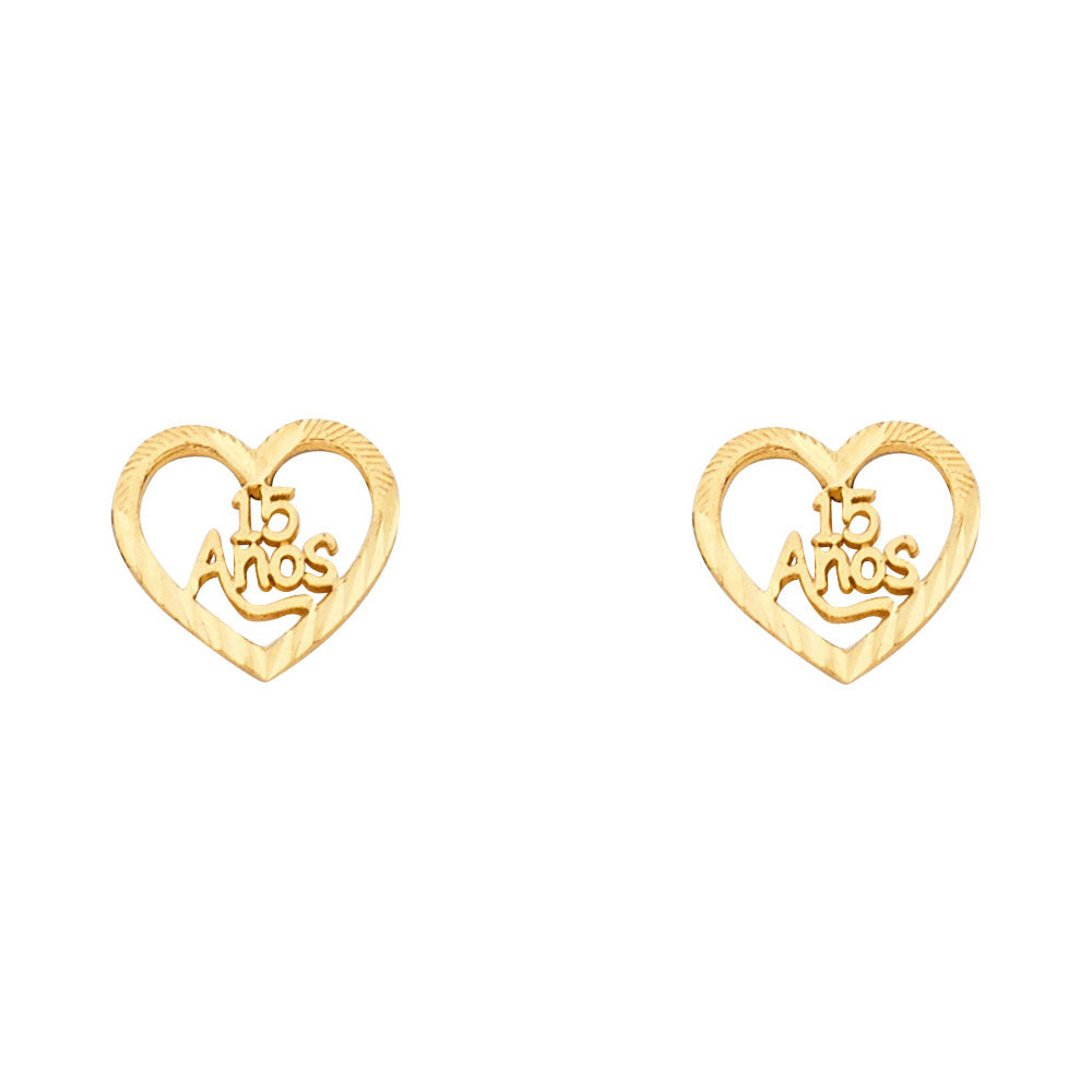 14K Yellow Gold 15 Años Heart Studs