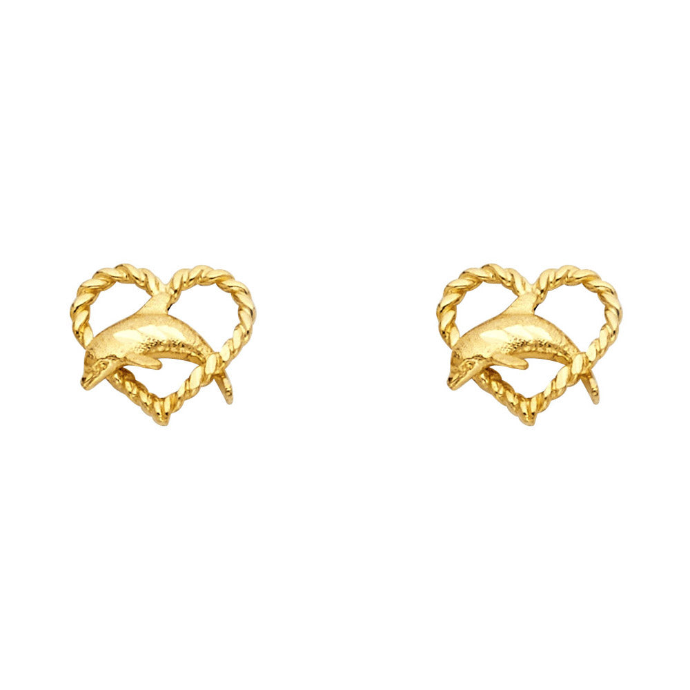 14K Yellow Gold Dolphin Heart Studs