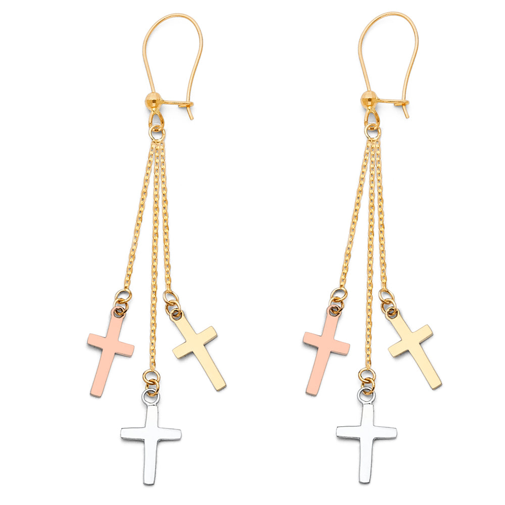 14K Tri-Color Gold Triple Cross Dangle Earrings
