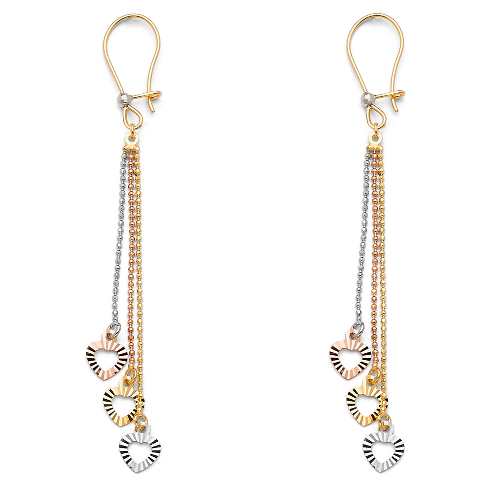 14K Tri-Color Gold Triple Heart Dangle Earrings