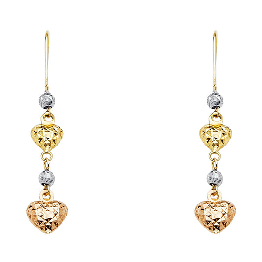 14K Tri-Color Gold Heart Dangle Earrings