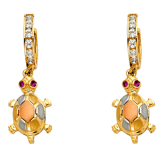 14K Tri-Color Gold Turtle CZ Dangle Earrings 1 1/4" tall