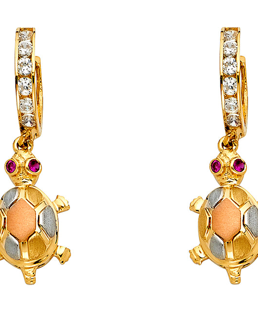 14K Tri-Color Gold Turtle CZ Dangle Earrings 1 1/4