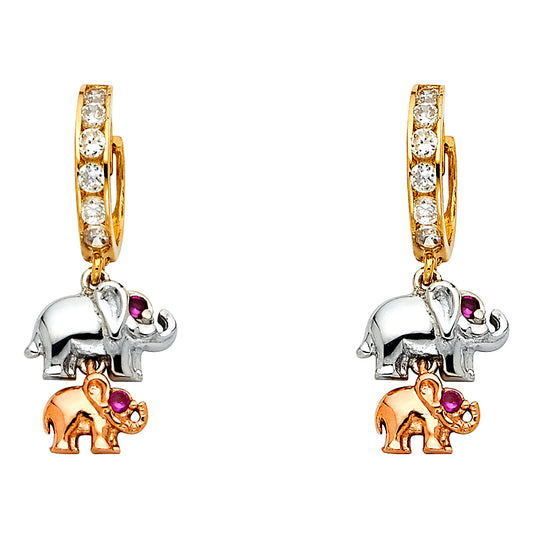 14K Two-Tone Gold Double Elephant CZ Dangle Earrings 1 1/4" tall