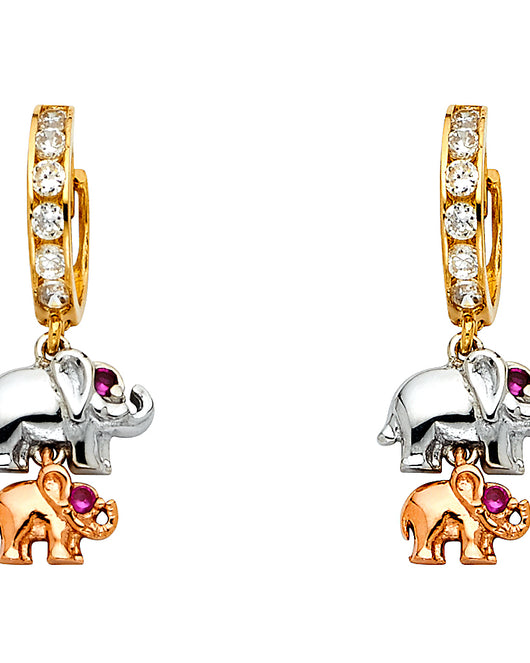 14K Two-Tone Gold Double Elephant CZ Dangle Earrings 1 1/4