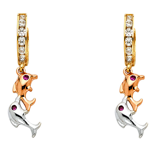 14K Two-Tone Gold Double Dolphin CZ Dangle Earrings 1 1/2" tall