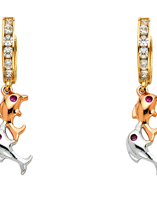 14K Two-Tone Gold Double Dolphin CZ Dangle Earrings 1 1/2