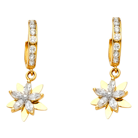 14K Yellow Gold CZ Double-Layer Flower Dangle Earrings 1 1/4" tall