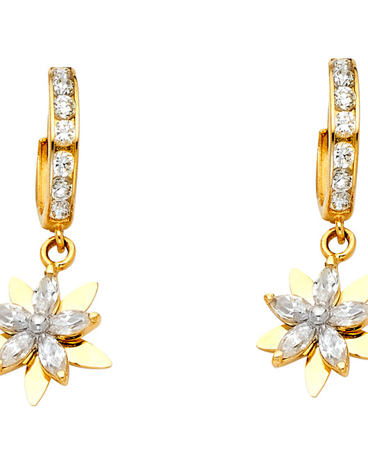 14K Yellow Gold CZ Double-Layer Flower Dangle Earrings 1 1/4