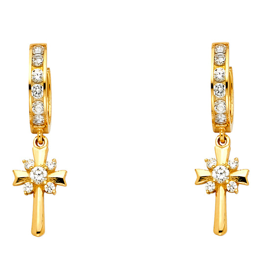 14K Yellow Gold CZ Cross Dangle Earrings  1 1/4" tall