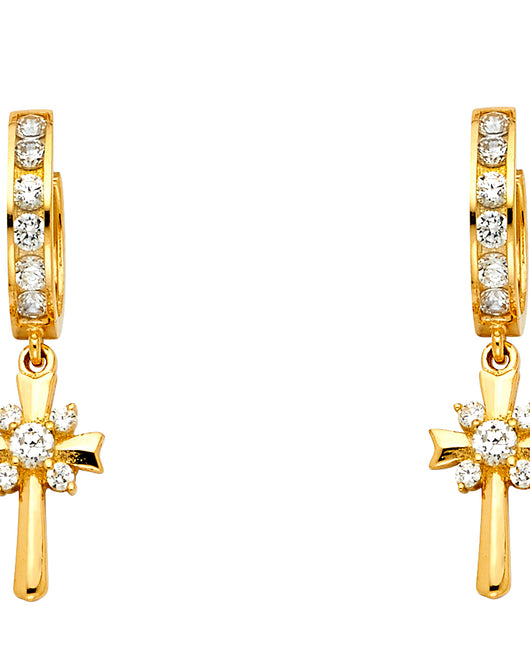 14K Yellow Gold CZ Cross Dangle Earrings  1 1/4