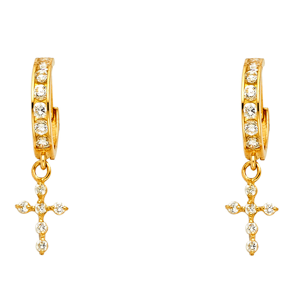 14K Yellow Gold CZ Cross Dangle Earrings 1 1/4" tall