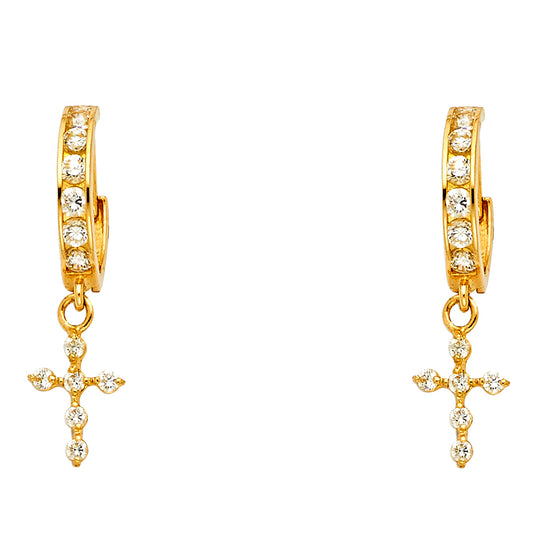 14K Yellow Gold CZ Cross Dangle Earrings 1 1/4" tall