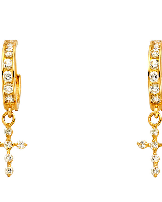 14K Yellow Gold CZ Cross Dangle Earrings 1 1/4