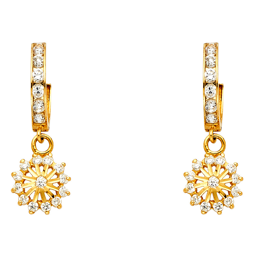 14K Yellow Gold CZ Sunburst Dangle Earrings 1" tall
