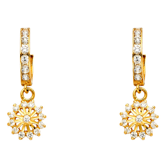14K Yellow Gold CZ Sunburst Dangle Earrings 1" tall