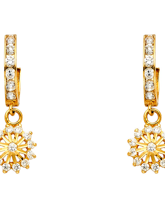 14K Yellow Gold CZ Sunburst Dangle Earrings 1