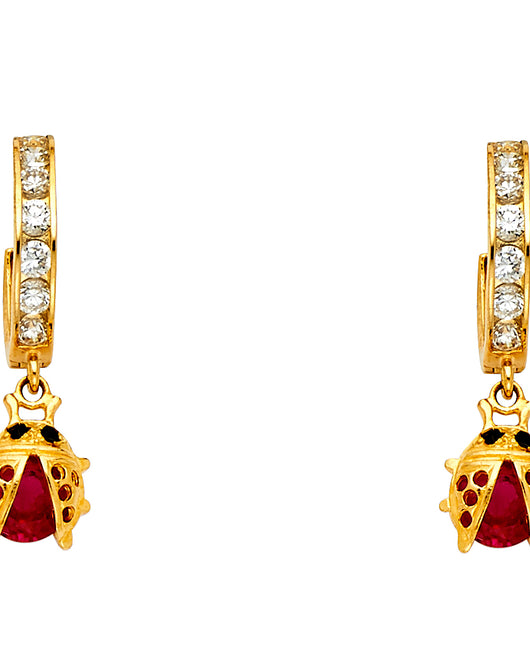 14K Yellow Gold CZ Ladybug Dangle Earrings 1