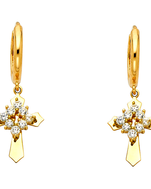 14K Yellow Gold CZ Cross Dangle Earrings 1 1/4