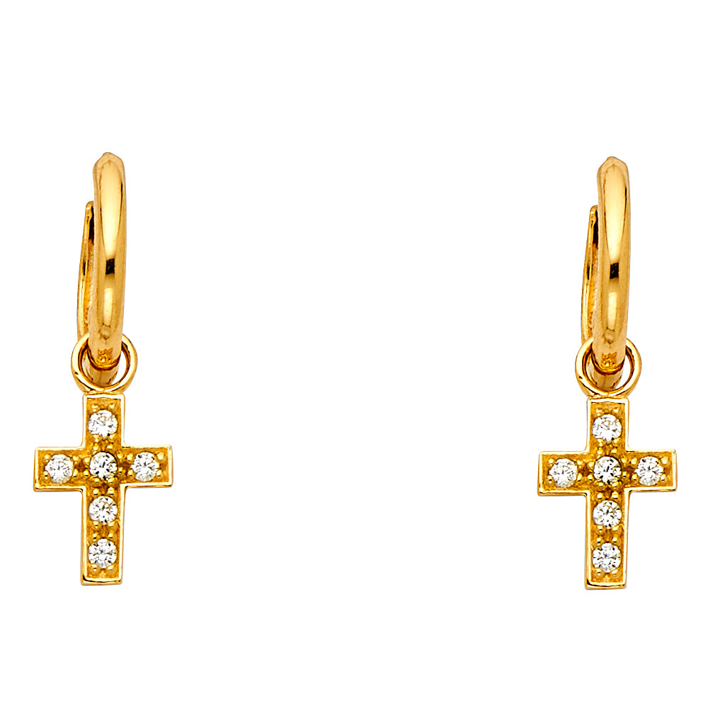 14K Yellow Gold CZ Cross Dangle Earrings 1" tall