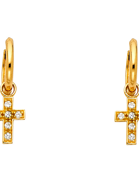 14K Yellow Gold CZ Cross Dangle Earrings 1