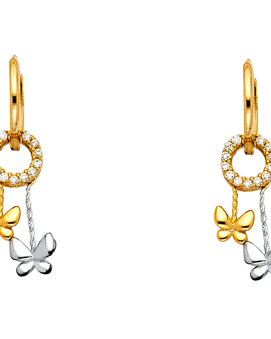 14K Two-Tone Gold CZ Double Butterfly Dangle Earrings  1