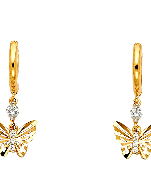 14K Yellow Gold CZ Butterfly Dangle Earrings 1