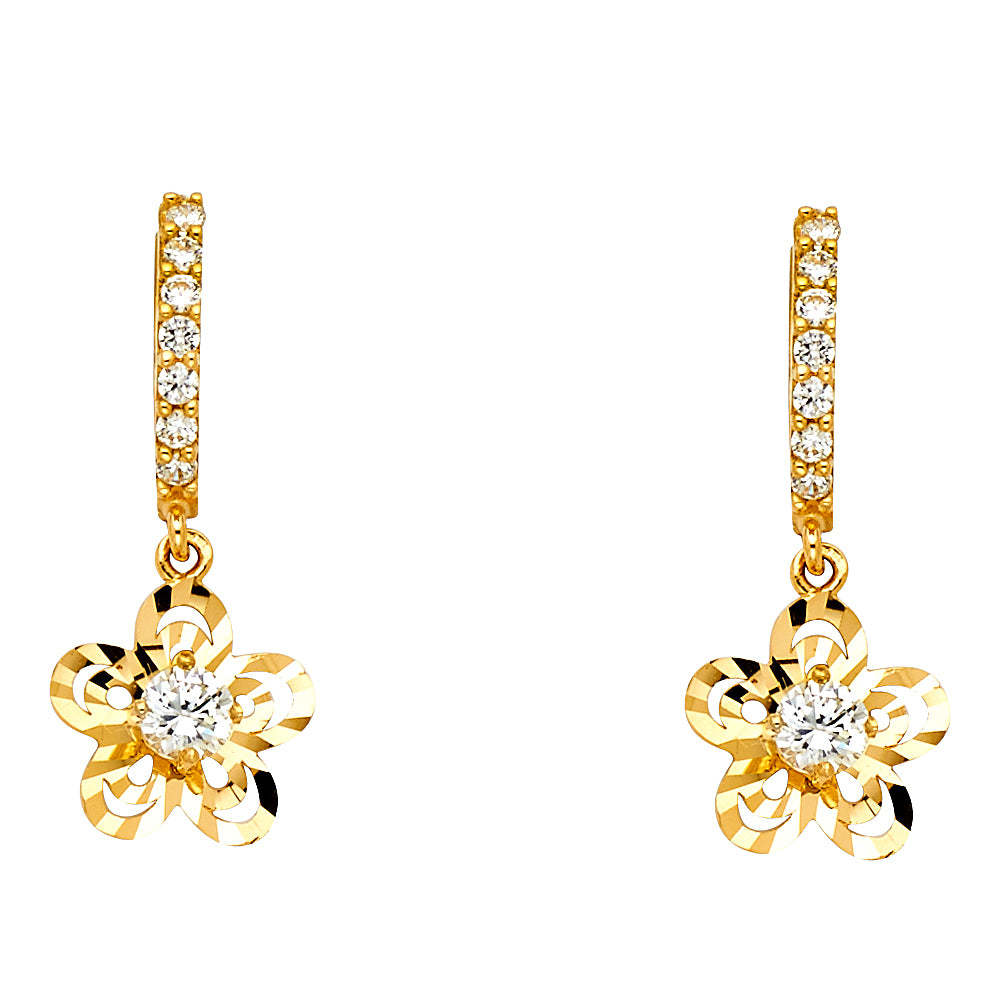 14K Yellow Gold CZ Flower Filigree Dangle Earrings 1" tall