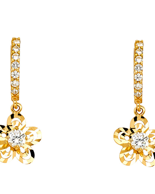 14K Yellow Gold CZ Flower Filigree Dangle Earrings 1