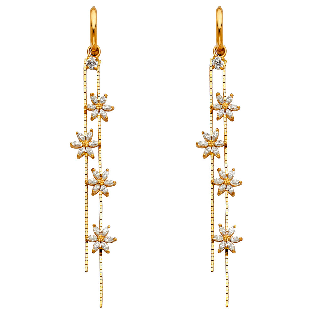 14K Yellow Gold Fancy Muli-Flower Dangle CZ Earrings