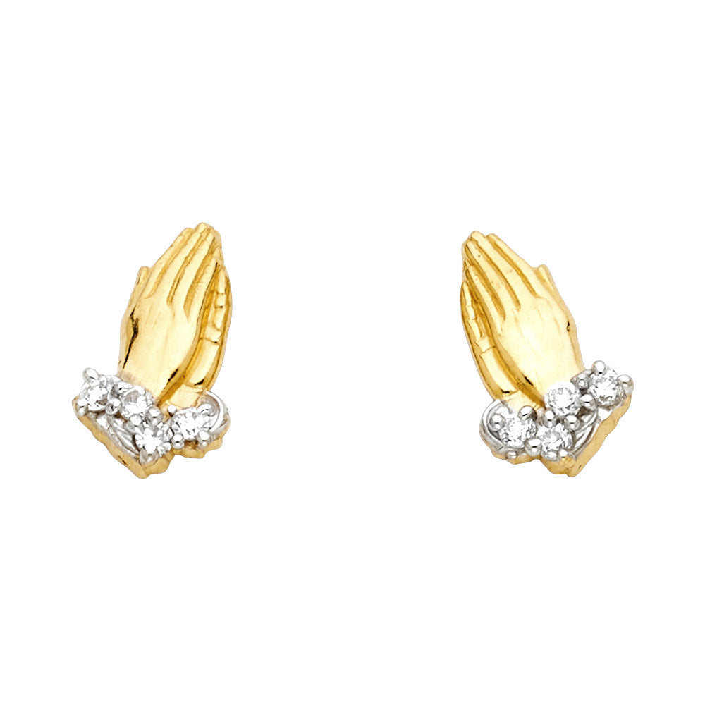 14K Gold Praying Hands Stud Earrings with CZ Accents
