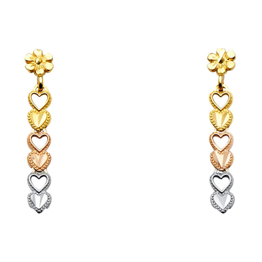 14K Tri-Color Gold Mulit-Heart Dangle Earrings
