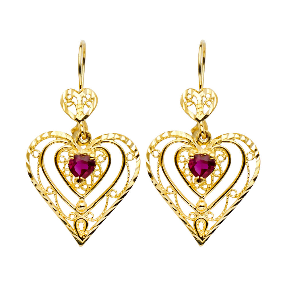 14K Yellow Gold Women’s Heart Filigree Synthetic Red Ruby CZ Dangle Earrings aprox 1 1/2" tall